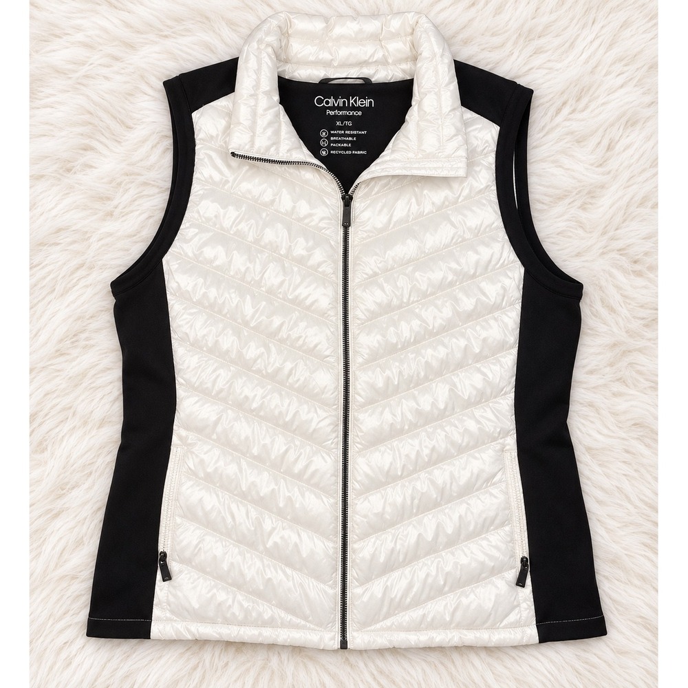 Calvin Klein Performance Womens 2X White Black Quilted Puffer Vest Water Resist